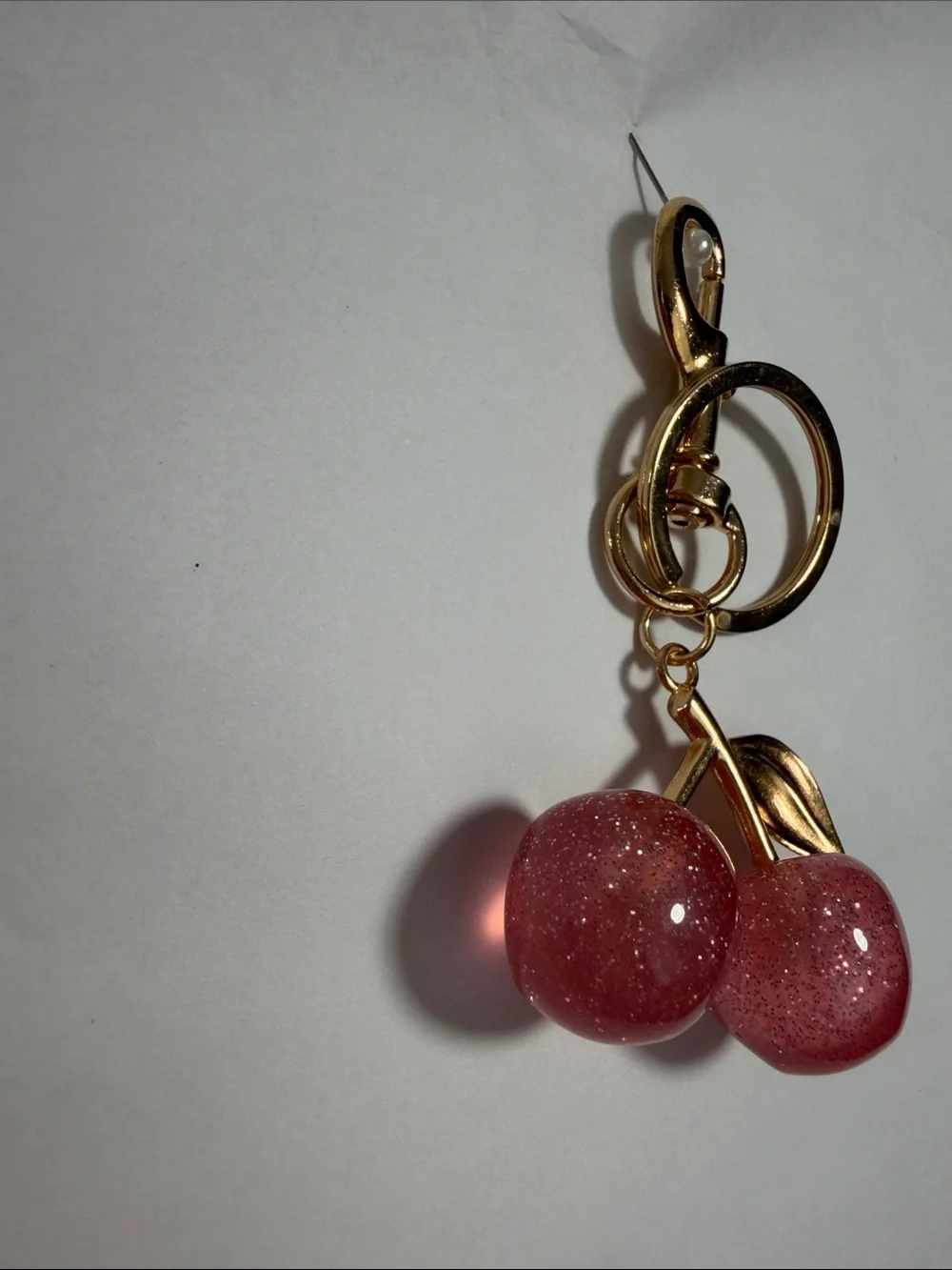 Gold Cherry Pendant Keychain - Pink Glitter Cherries